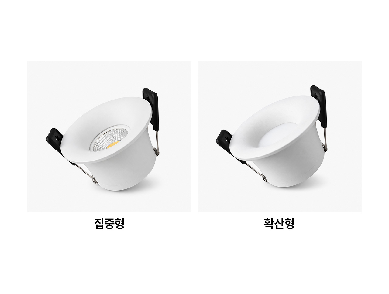 LED 소렌 매입등의 반사판이 있는 집중형과 광확산 커버가 있는 확산형 비교